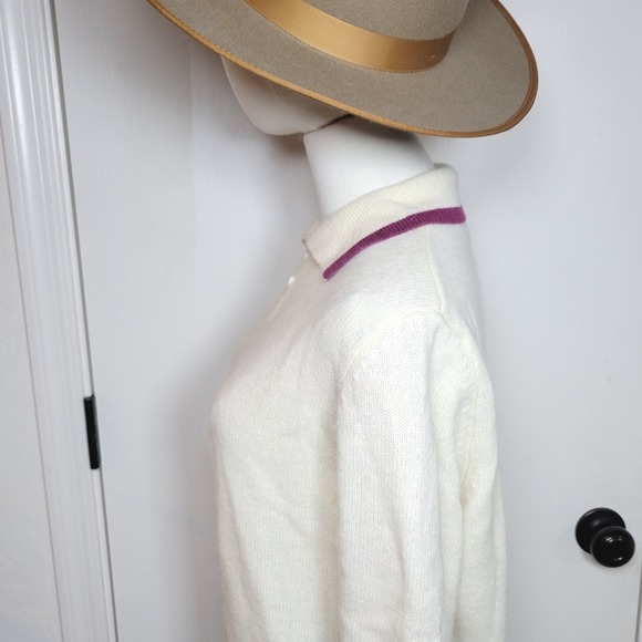 LL Bean Lambswool Angora Blend Polo Sweater Cream Medium Large Fall Winter - Picture 7 of 11